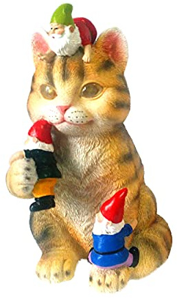 CAT GARDEN GNOME STATUE - Solar Powered Funny Garden Gnomes, Cute Cat Gift, Kitty Gnome Sculpture, Resin Art Figurine Mischievous & Whimsical Decor, Garden, Patio or Home (Grey)