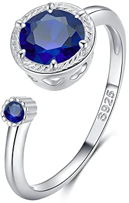 Qings Anillo Compromiso Solitario Anillo Zafiro Plata Ajustables Abierto Anillo Piedra de Nacimiento