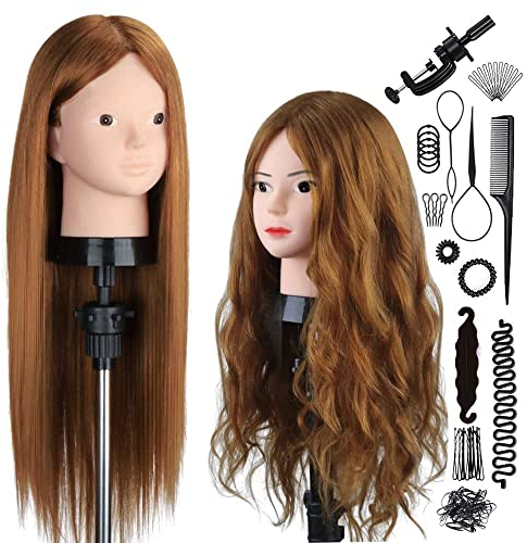 SZCY LLC 23.5 inch 80% Real Human Hair Training Head Cosmetology Make-up Hairdressing Mannequin Manikin Doll Head with Table Clamp Holder + DIY Hair Styling Braid Set, Light Brown