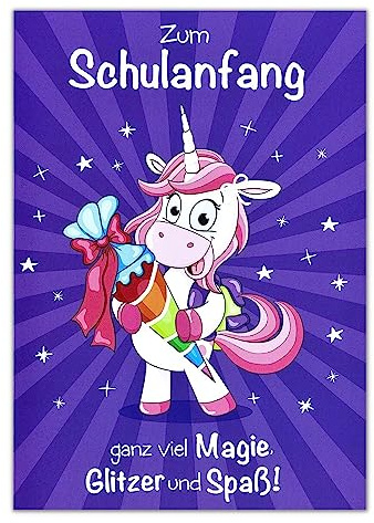 Perleberg - schöne Karte zum Schulanfang mit Einhorn Motiv - hochwertige Karten zur Einschulung - Einschulung Karten mit Umschlag - Glückwunschkarte für Jungen & Mädchen 11,6 x 16,6 cm