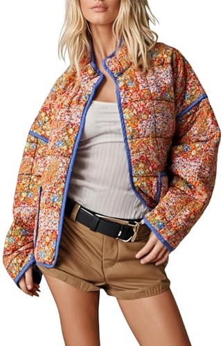 Omoone Women's Cropped Quilted Jacket Floral Printed LightWeight Padded Puffer Cardigan Coat Outwear(3950-03Yellow-M)