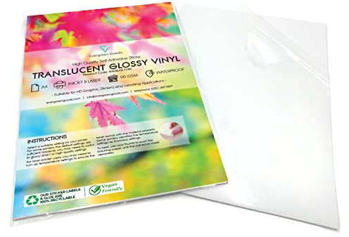 Evergreen Goods 50 ark A4 glansigt genomskinligt klistermärke vinyl | genomskinligt utskrivbart vinylklistermärkes papper, bläckstråle och laser | låg opacitet genomskinlig vattentät självhäftande |
