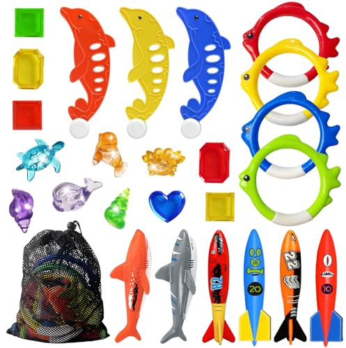 Jasonwell Pool Diving Toys Games - 25PCS Swimming Pool Toys with Dive Sticks and Rings Underwater Treasures Torpedo Bandits Fish Toy etc Fun Water Swim Toy for Boys Girls Adults Kids Teens