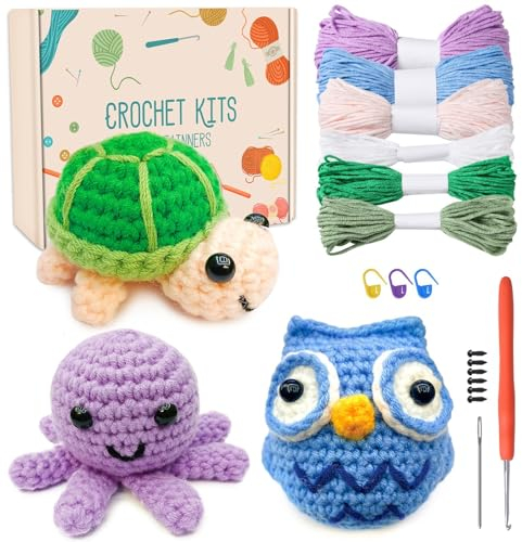MJARTORIA Häkelset für Anfänger Tiere, Häckeln Stricken für Anfänger Set mit Anleitung Häkelnadeln Garn, Kreativ Strickset Bastelset Erwachsene Kinder Geschenk(grün lila blau)