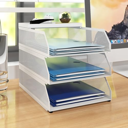 Natwind Schreibtisch-Organizer mit 3 Ebenen, stapelbar, Metallgitter, Weiß | Schreibtisch-Zubehör für Bürobedarf, Briefablage zur Papieraufbewahrung, Dokumentenhalter für Zuhause, Schule, Klassenzimmer