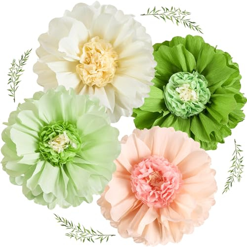 EASY JOY Lot de 4 décorations de fête en papier vert sauge de 50,8 cm - Fleurs géantes en papier de soie - Décorations de fête de printemps - Décorations de fête d'anniversaire