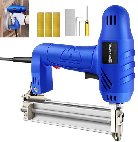 2-in-1 Electric Brad Nail Gun 15-32mm ＆ Upholstery Staples Gun 15-25mm for Wood/DIY/Carpet and Home Improvement Corded Nailer Gun with 100 Nails & 300 Staples Easy to use Lightweight Body Blue