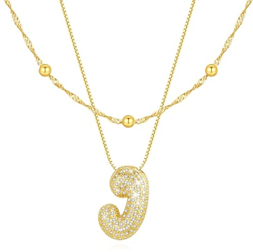 CyxenNova Personalisierte Kette mit Buchstaben Gold Layering Bubble Halskette Damen Gold mit Zirkonia 18K Vergoldet Hypoallergen Geschenke für Frauen Kommunion Geburtstag (J)