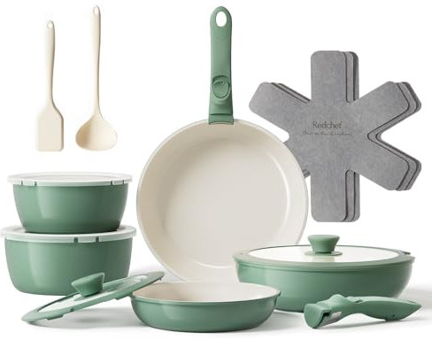 Redchef casseroles en céramique antiadhésives avec poignée amovible, poêle 20/26 cm, Lot de 16, poêle profonde 26 cm, casserole 18/20 cm, empilable pour tous les types de feux, passe au four (Vert)