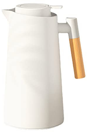 Brocca isotermica thermos sottovuoto, isolata, caraffa termica per tè caffè caldo e freddo, con semplice pulsante di sicurezza, manico in legno, per hotel, ufficio, casa, (bianco, 1L)
