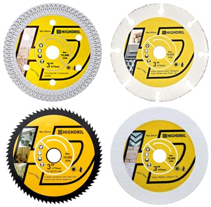 HIGHDRIL Jeu de lames de scie circulaire 75 mm, 75 mm x Arbor 10 mm – Disque à tronçonner diamant/HSS/carbure pour couper le métal souple, le cuivre, l'aluminium, le carrelage, le marbre, le granit