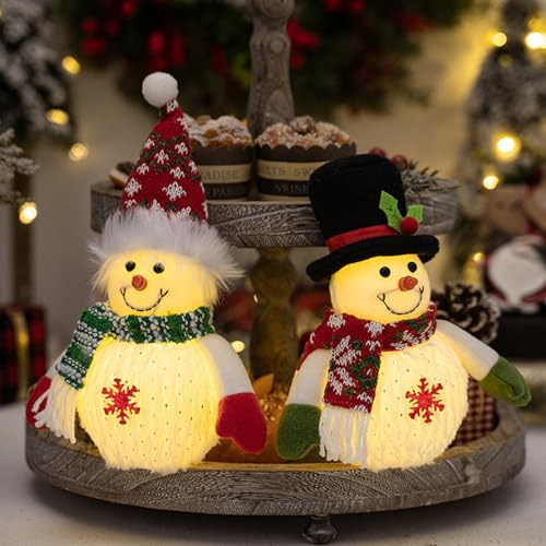 Skeadex Weihnachtsdeko Innen Schneemann Deko, 2 Stück Plüsch Schneemann Figur mit LED Licht, Kleine Beleuchtete Weihnachtsfiguren, für Adventsdeko innen Tischdeko Weihnachtsdeko
