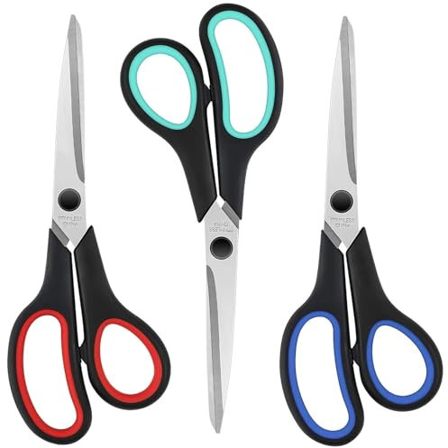 Paper Scissors 3 Pack, Sturdy 8 Stainless Steel Office Scissors with Ultra Sharp 2.5mm Blades, Comfort-Grip Handles, Multipurpose Shears for Home School Office Art Craft Sewing Tailor