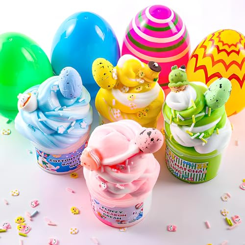 Funewest Easter Egg Fillers with Butter Slime,4 Pack Prefilled Slime Eggs with Charms & Toys Inside, Easter Basket Stuffers for Kids Boys Girls