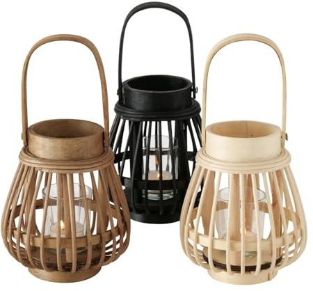 mucHome Dekorative Laternen Set 3 Stück Bambus Windlichter in Rund Natur/Schwarz/Beige Kerzenhalter Dekokerze