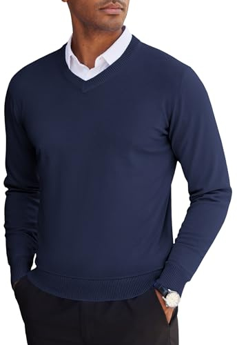 COOFANDY Men's Jumper V-Neck Sweater Long Sleeve Dress Jumpers Casual Business Pullover Regular Fit Winter Jumper Warm Knitted Sweater Navy Blue XL