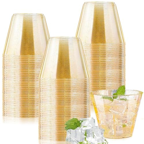 mauepersu 50 Stück Plastikbecher mit Golden, 250ml Becher aus Kunststoff Wiederverwendbare Trinkbecher Elegante Party Weingläser für Champagner Bier Cocktail Martini Soda Dessert (Glitzer Gold)