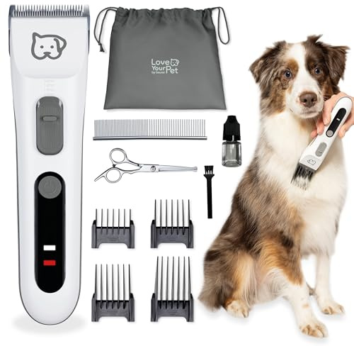 Beurer Love Your Pet Tondeuse « Fluffy » pour chiens et chats, tondeuse silencieuse, pour poils denses et feutrés, tondeuse pour animaux avec batterie, kit de soin du pelage 9 pièces