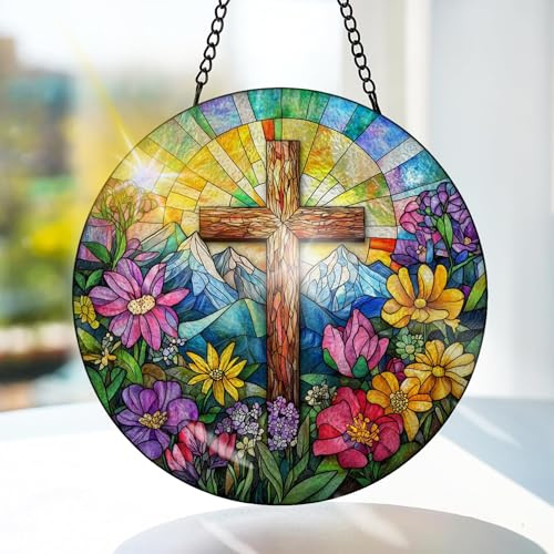 Bimkole KorsFönsterhänge I Målat Glas Med Solfångare -Blommor Hängande Fönsterdekoration - för Trädgård, Fönster och Dörr, Jul, Handgjord Suncatcher Dekor 20x20 cm
