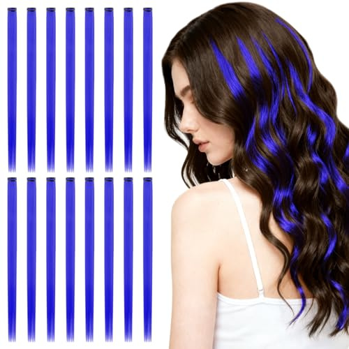 AOOSA 16 Pcs Extensions de Cheveux Clip, 55cm Mèches de Cheveux à Clipser | Extensions de Raides a Clipser, Extensions de Raides a Clip pour Femmes Filles Party Festival Cosplay Voyage - Bleu Saphir