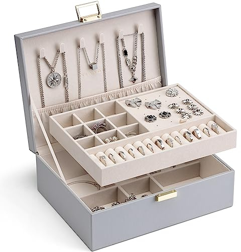 VLANDO Schmuckkästchen für Damen Mit 2 Etagen, für den Hausgebrauch | Geschenk für Damen,Schmuckaufbewahrung,PU Leder, Schmuck Organizer Für Ohrringe,Halsketten,Ringe,Grau