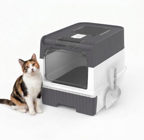 BEDTAIL Large Cat Litter Box with Anti-Splash Design, Self-Cleaning Drawer Pan, Enclosed Hooded Tray, Grey