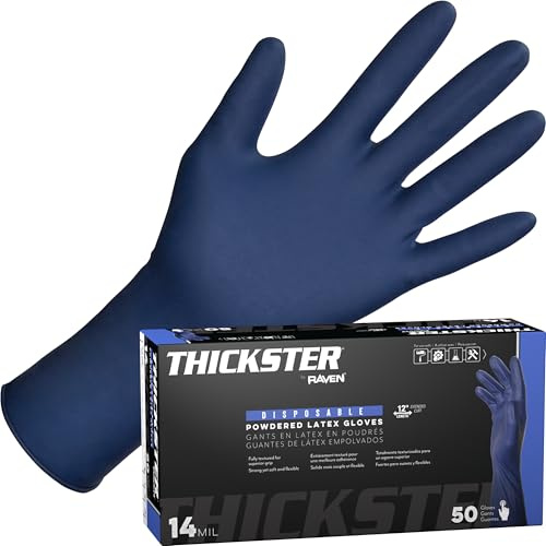 SAS Thickster Powdered Latex Disposable Gloves. Size 2X-Large. Blue Color, 14 mil Thickness, 12 Length. Fully Textured for Superior Grip. Single Use. Pack of 50. (6605)