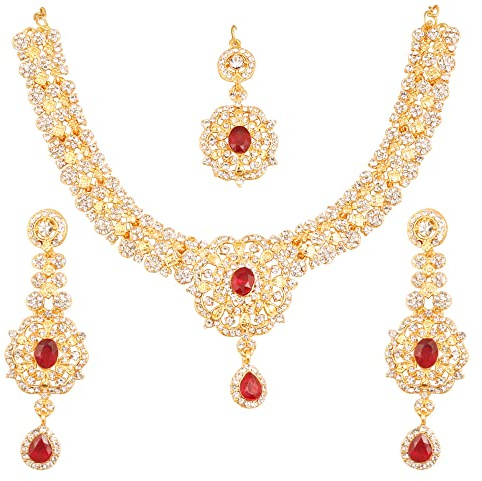 Touchstone indisk Bollywood Desire Förtrollande blommig diamant dubbad look vit strass röd fusk rubin bruddesigner smycken halsband i guld ton för kvinnor