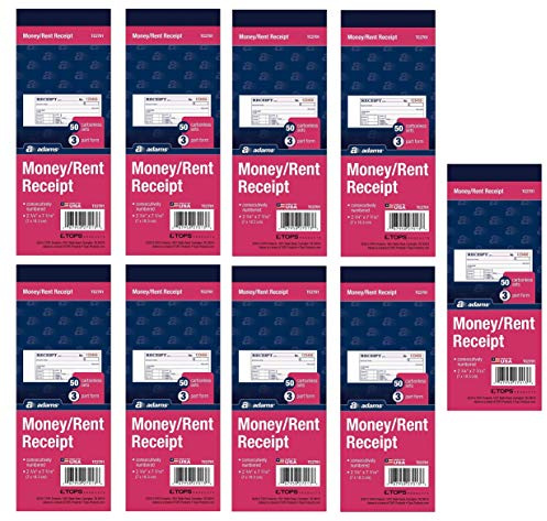 Adams Money/hyresekvittobok, kolfri, 3-delad, 2-3/4 x 7-3/16 tum, 50 uppsättningar per bok (TC2701) (9)