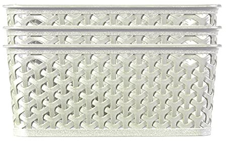 Curver My Style Rattan Effect Set of 3 Kitchen, Living room, Bathroom, Bedroom, Utility Medium Rectangular Storage Baskets 13 Litres - Off White