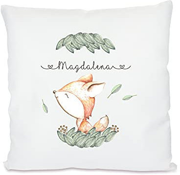 Manufaktur Liebevoll personalisiertes Namenskissen mit Vier Waldtier-Motiven (Motiv Magdalena)