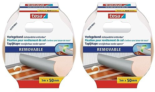 tesa Verlegeband rückstandsfrei entfernbar - Gewebeverstärktes, doppelseitiges Klebeband zum Verkleben von Teppich- und PVC-Bodenbelägen - 5 m x 50 mm (Packung mit 2)
