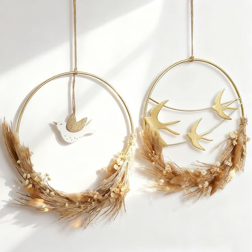 WPAJIRZO Trockenblumenkranz Wanddeko - Metallring mit Pampasgras & Vogel Ornament im Boho Stil - Ganzjährige Dekoration für Tür, Fenster, Wand