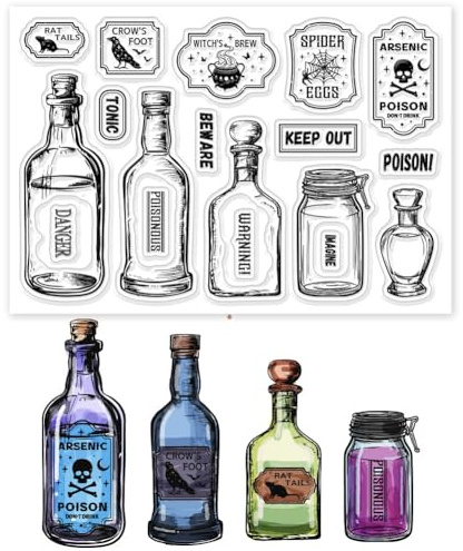 GLOBLELAND Halloween Poison Bottle Clear Stamps Potion Labels Silicone Clear Stamp Seals Day of The Dead Magic Tags Transparent Stamps for DIY Scrapbooking Cards Making Photo Album Journal
