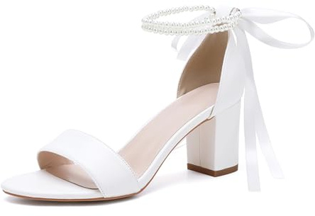 smlekwc Damen Offene Zehen Satin Hochzeit Sandalen Schnürung Weiß Brautschuhe Hoher Block Absatz Abend Partei Abschlussball Pumps Mit Perle,Weiß,39 EU