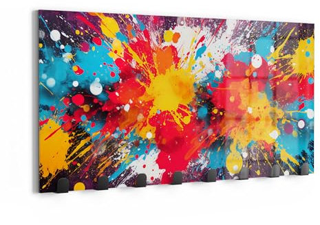 DEQOART Wandgarderobe Glas & Metall | Motiv Leuchtende Explosion | 60x30 cm | Design Haken-Leiste modern | Garderoben-Paneel für Flur, Wohnzimmer & Schlafzimmer | magnetisch & beschreibbar