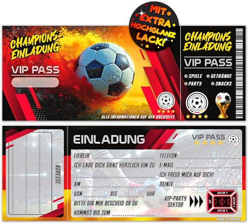 VULAVA 12x Fußball Ticket EINLADUNGSKARTEN KINDERGEBURTSTAG Junge Mädchen - die Soccer PARTY Karten sind die Fussball EINLADUNG für Jungen Kinder GEBURTSTAG Fußballspiel Eintrittskarte KINDERPARTY