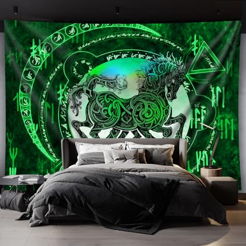 Arsey Wandteppich Wikinger Runen Odin Pferd, Grün, 200 x 150 cm | Schwarzlicht UV, Psychedelic Hippie, Party & Geburtstagsdeko, Pferdeliebhaber Geschenk