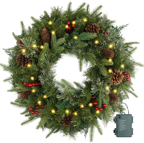 Weihnachtskranz Vorbeleuchtet 61.0 cm mit 50 Licht & Tannenzapfen, Künstliche Weihnachtskränze für Haustür mit Lichtern, Kranz für Weihnachtsdekoration Tür Fenster Wand Grün