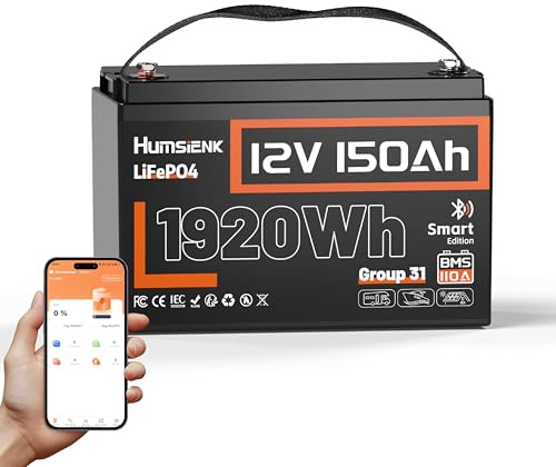 Humsienk 12V 150Ah Bluetooth LiFePO4 Batterie, 1920Wh Lithium Batterie mit 110A BMS Tieftemperaturschutz, 15000 Tiefzyklus,Perfekte für Wohnmobil, Solaranlage, Boot