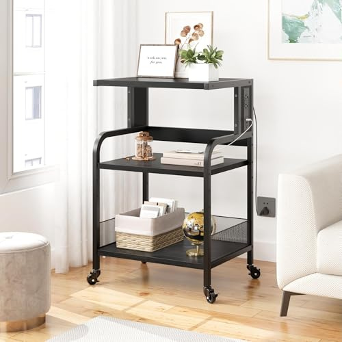 Aptliton Printer Stand with Power Outlets, 3-Tier Rolling Printer Table with Lockable Wheels, Heavy Duty Printer Cart with Adjustable Shelves, Utility Storage Cart for Home, Office, Black