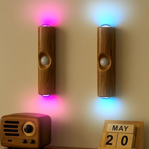 Kertaym Nachtlicht Mit Bewegungsmelder, 2 Stück Magnetische LED Nachtlicht, 3 Modi Bewegungsmelder Licht, Schlafzimmer, Küche, Badezimmer (Holzmaserungsgehäuse mit RGB-Ambientebeleuchtung)