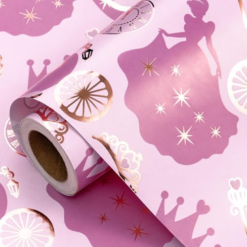 RUSPEPA Prinsessa tema mini presentpapper – rosa med slott, vagn, gyllene foliekrona av saga – för flickors födelsedagar och fester – 43 cm x 5 m