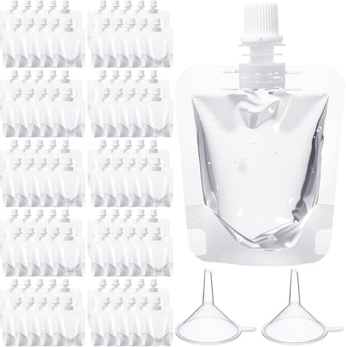 100 Pcs Reusable Squeeze Pouches 1.7 oz, Clear Plastic Drink Pouches Bulk, Leak Proof Refillable Juice Bags with Funnel for Travel Camping Party Daily Use