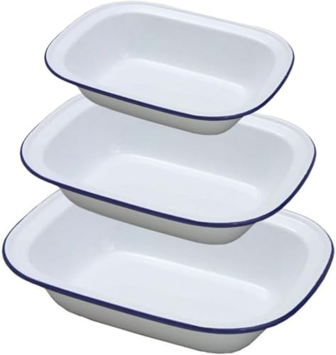 Bargains Crown Premium White Enamelware Oblong Pie Dish Set of 3 Blue Rim Oven Safe Retro Bakeware 24cm 26cm 30cm Baking Roasting Tray Oven to Table Pudding Shepherds Pie Family Set