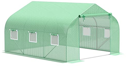 Outsunny 11.5' x 10' x 6.5' Outdoor Walk-in Greenhouse, Tunnel Green House with Roll-up Windows, Zippered Door, PE Cover, Heavy Duty Steel Frame, Green