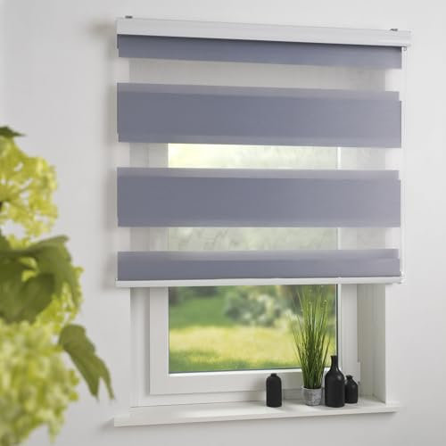 Liedeco Duo-Rollo Doppelrollo mit Kassette | B 90 x H 220 cm | Streifen - Silber | lichtdurchlässig