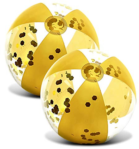 POZA Inflatable Large Beach Ball – Pool Accessory Glitter Confetti 16 Inch Premium Beach Theme Water Sand Toy Favors for Beach Party Decorations Pool Party Supplies Beach Balls – Set of 2 (Gold)