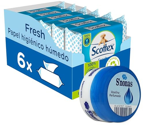 Scottex Papel Higiénico Húmedo Fresh (6 paquetes x 128 servicios) + Vaselina Snonas Vainilla