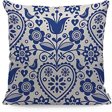 WONDERTIFY Blue Floral Cushion Cover Vintage Style Flower Heart Bird Decorative Throw Pillow Covers For Couch, Bed Sofa Pillows Case Navy Blue White 45X45 Cm